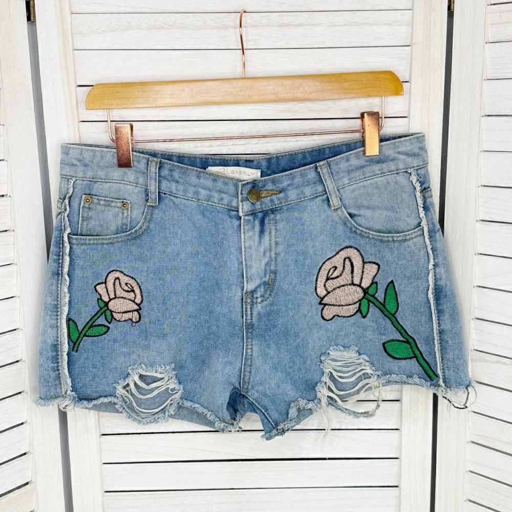 Loverly Embroidered‎ Distressed Denim Jean Shorts Blue Size 42 8